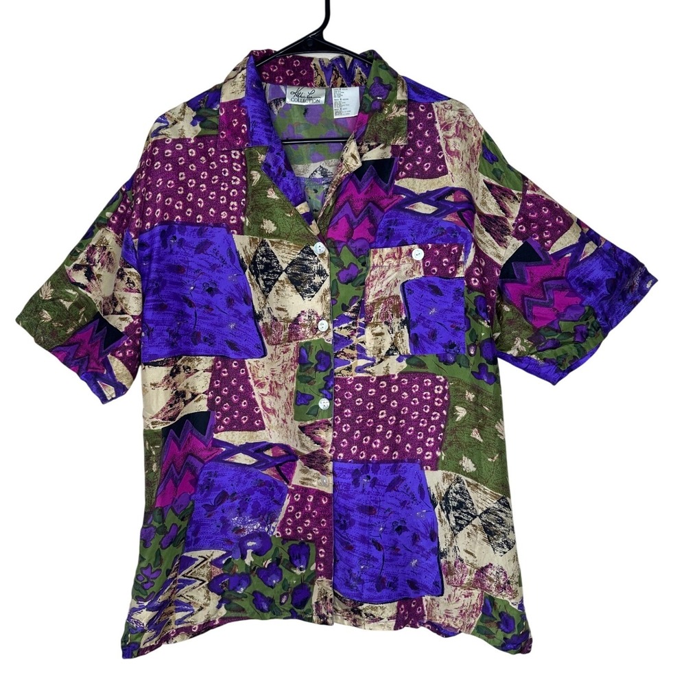 Kathie Lee Collection Vintage 100% Silk Patchwork Print Button Down Shirt Medium